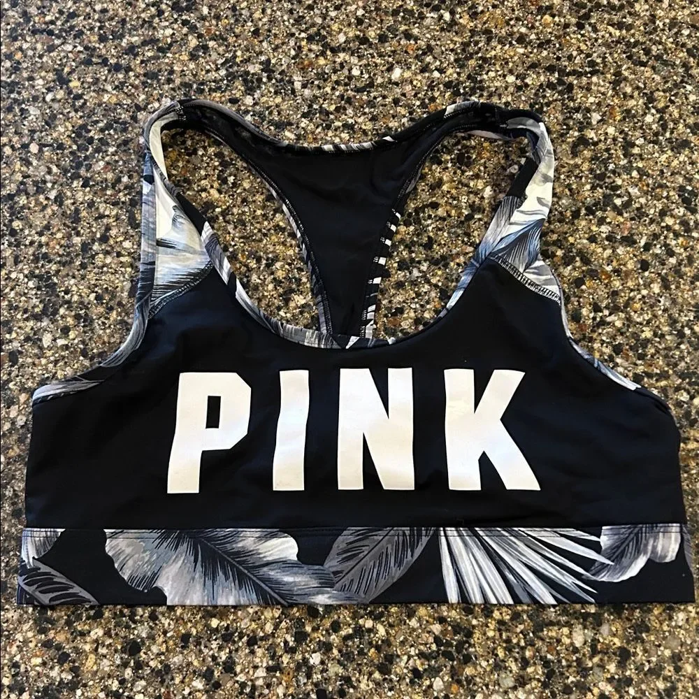 Like New PINK Victoria's Secret Black and White Leaf Print Sports Bra